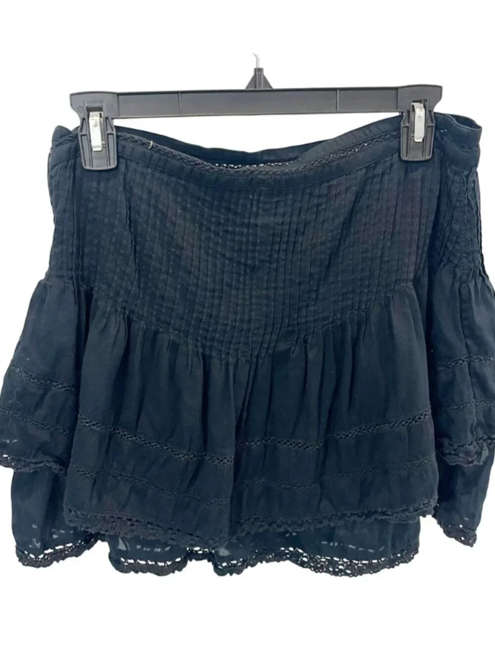 Free People Summer Nights Pintuck Lace Trim Tiered Mini Skirt Cotton Boho Size 4